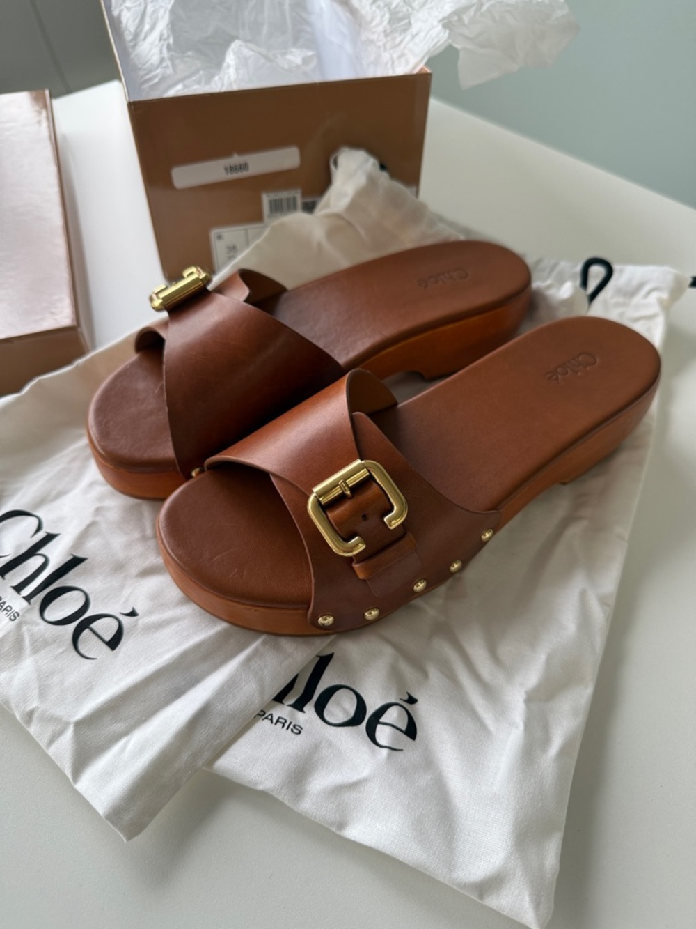 Chloé Jeanette Leather Slide Sandals with Gold Buckle size 38 Brown